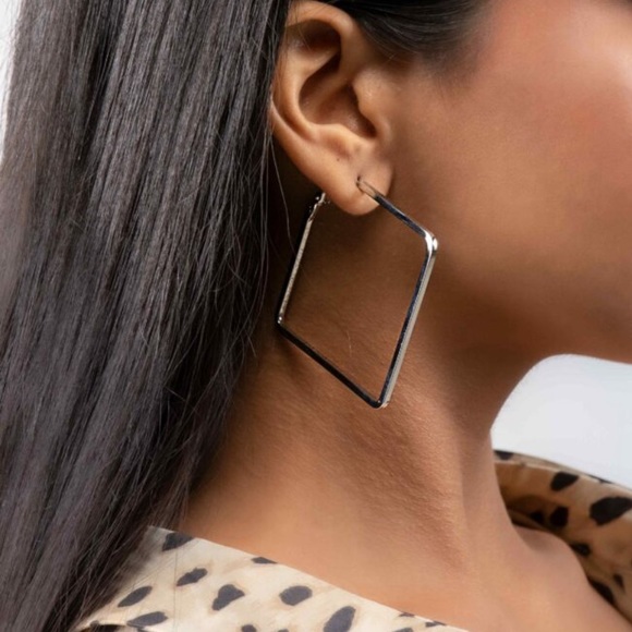 Silver Square Metallic Hoop Earrings - Picture 4 of 8